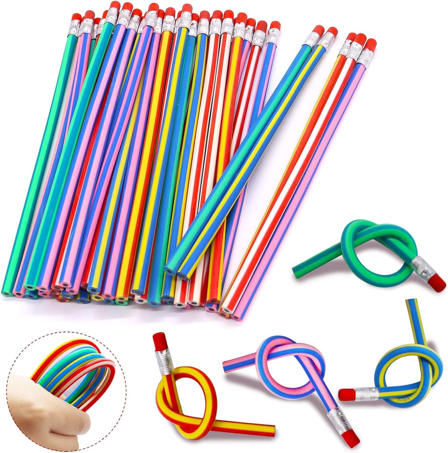 GOLD LEAF 20-Pack Flexible Bendy Pencils – Colorful Stripe Soft Rubber Pencils with Erasers – Fun Party Bag Fillers, Classroom Gifts, and Creative Stationery for Kids-image-22
