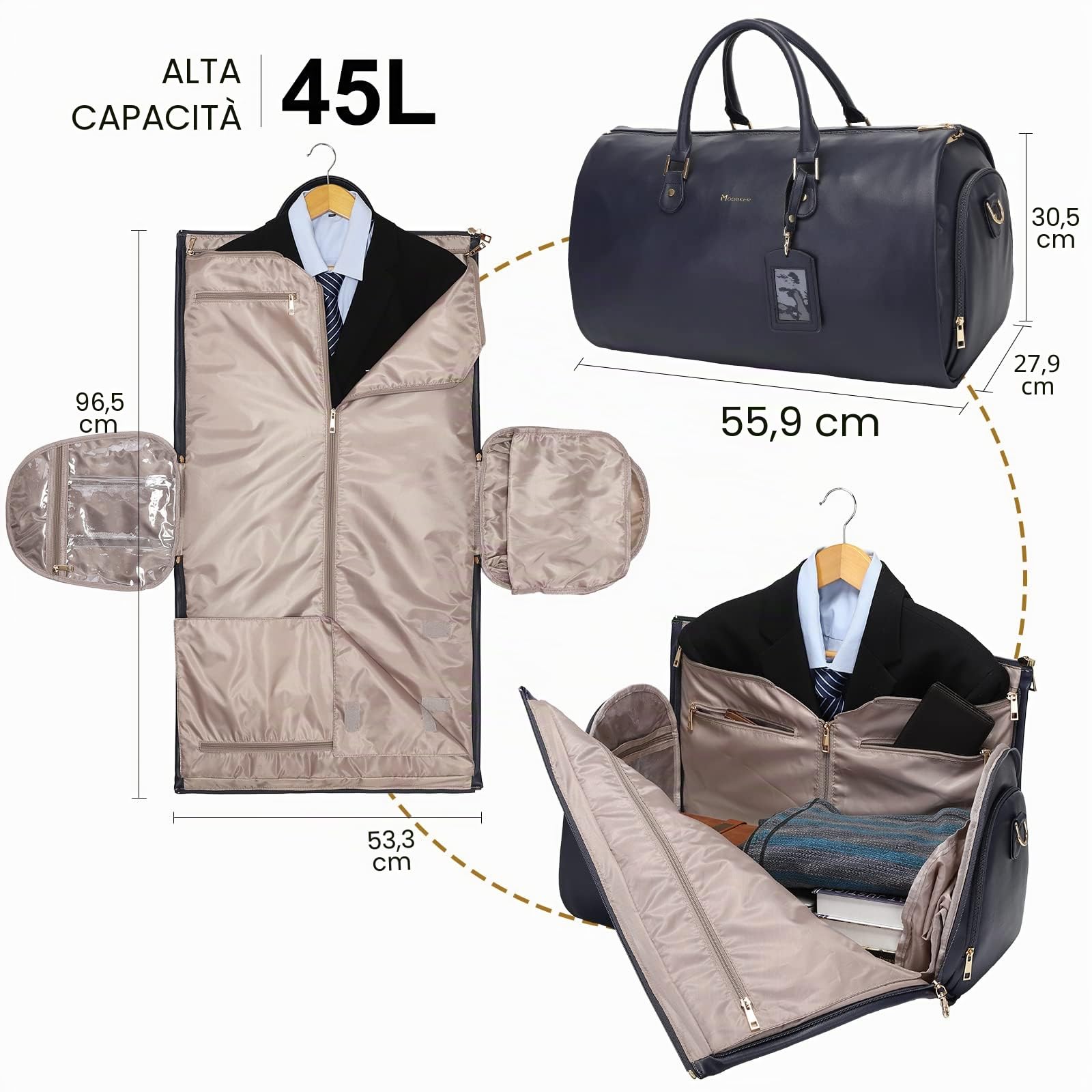 Modoker Borsone da donna convertibile in pelle con tracolla, borsone da viaggio 2 in 1 da appendere, Blu