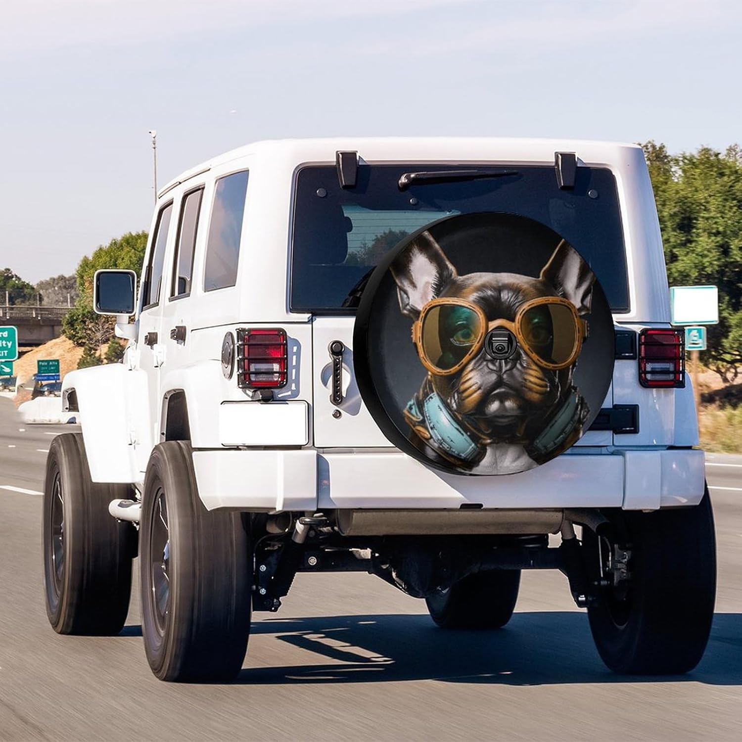 Delerain Spare Tire Cover with Backup Camera Hole French Bulldog Sunglass Wheel Covers Waterproof Dust-Proof UV Sun Universal Fit for Jeep Trailer RV SUV Truck (17 Inch for Diameter 31"-33")