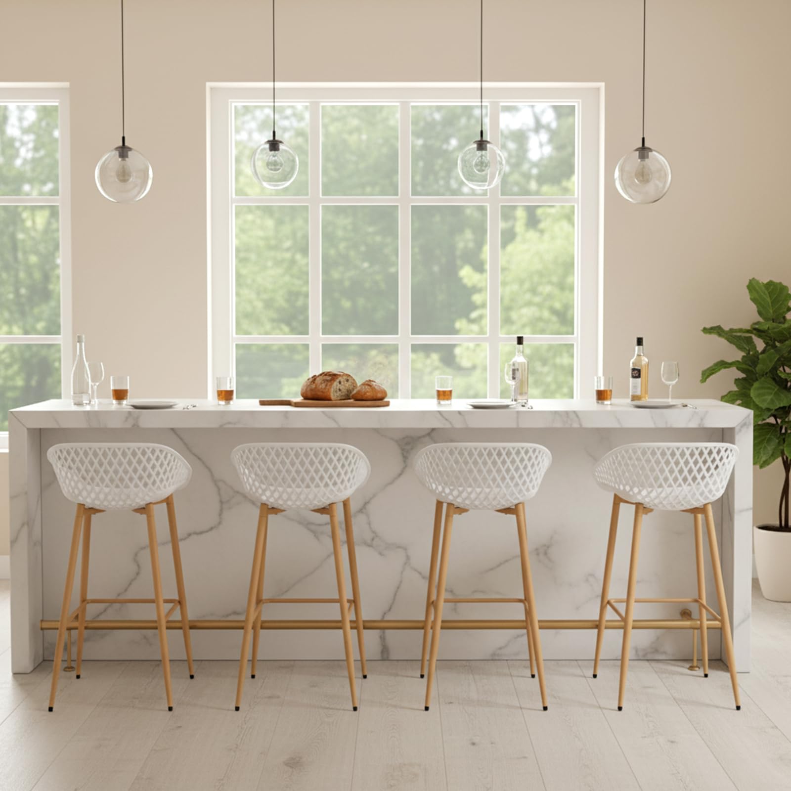 buybyroom Set of 4 Bar Stools with Backrest, Ergonomic Stool, Standing Stool, Bar Stool for Restaurant, Kitchen, Bar, White - Style 1