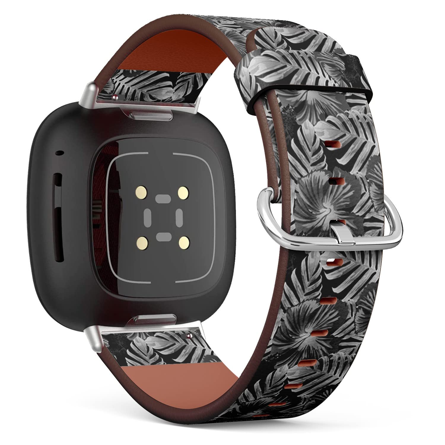 CJBROES Replacement Leather Watch Band, Compatible with Fitbit Versa 3 and Fitbit Sense of Wristband Bracelet Accessory - Black White Exotic Monstera