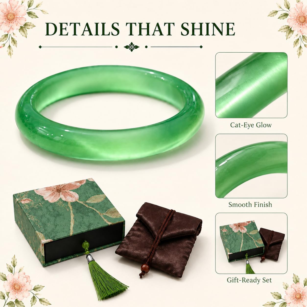 Emerald Green Bangle Bracelet for Women, Feng Shui Inspired Good Luck Bracelet with Vintage Floral Gift Box, 2.5 Inch Jade-Like Lucky Jewelry Gift for Mom Grandma Wife