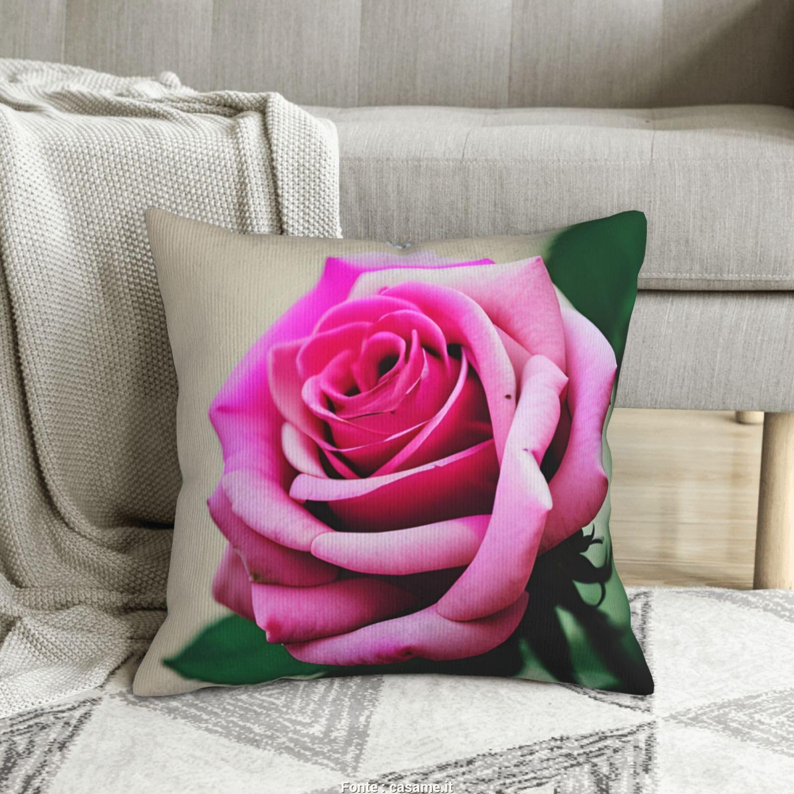 Housse de coussin velours côtelé imprimé fleur rose 45x45 cm salon et canapé