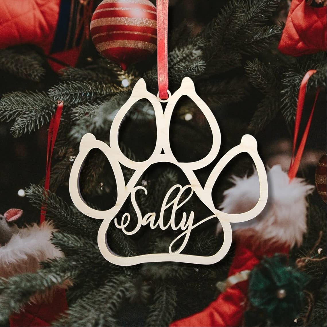 Custom Paw Print Christmas Ornament Personalized with Pet name