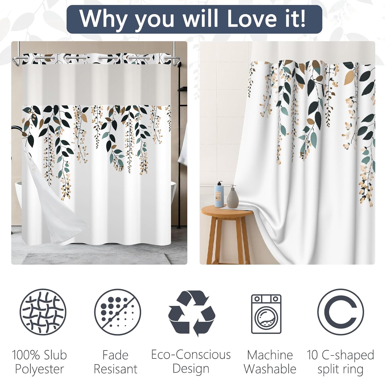 No Hook Plants Leaves Shower Curtain with Snap-in Liner, Modern Sage Green Floral Design with Mesh Top Window, Waterproof Double Layer for Bathroom Decor, 71 x 74 Inch