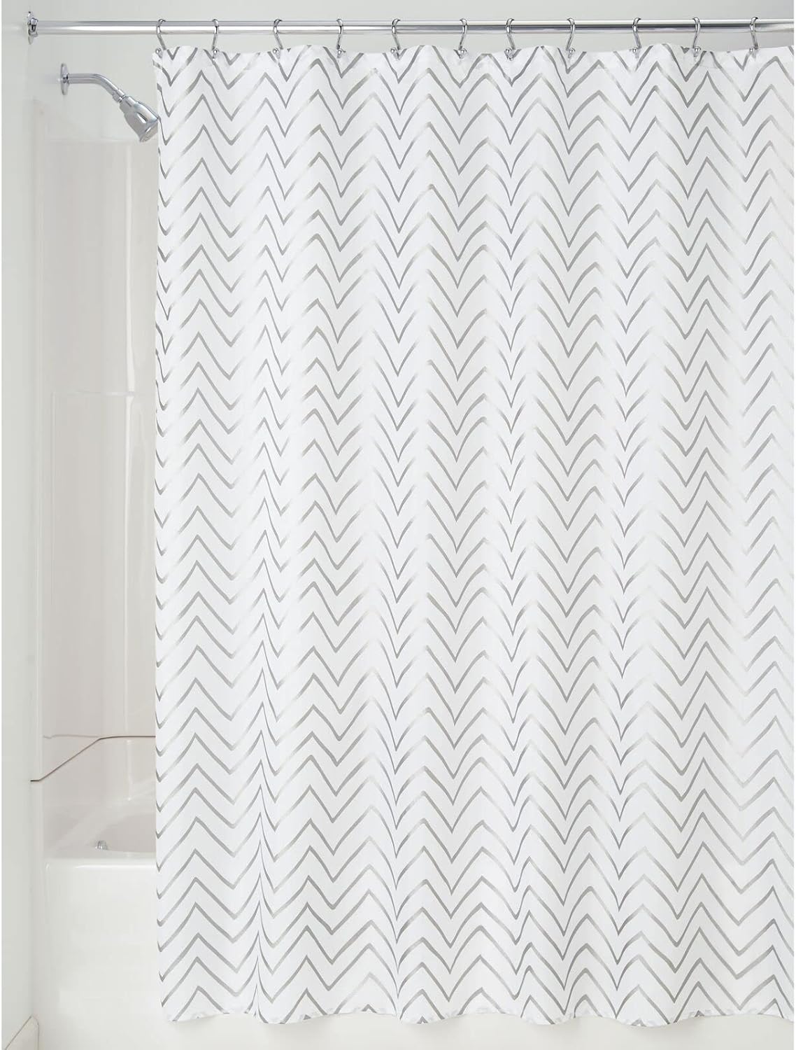 mDesign Long Decorative Metallic Pattern, Water Repellent, Fabric Shower Curtain for Bathroom Showers and Stalls, Machine Washable - Chevron Zig-Zag Print, 72" x 84" - White/Silver