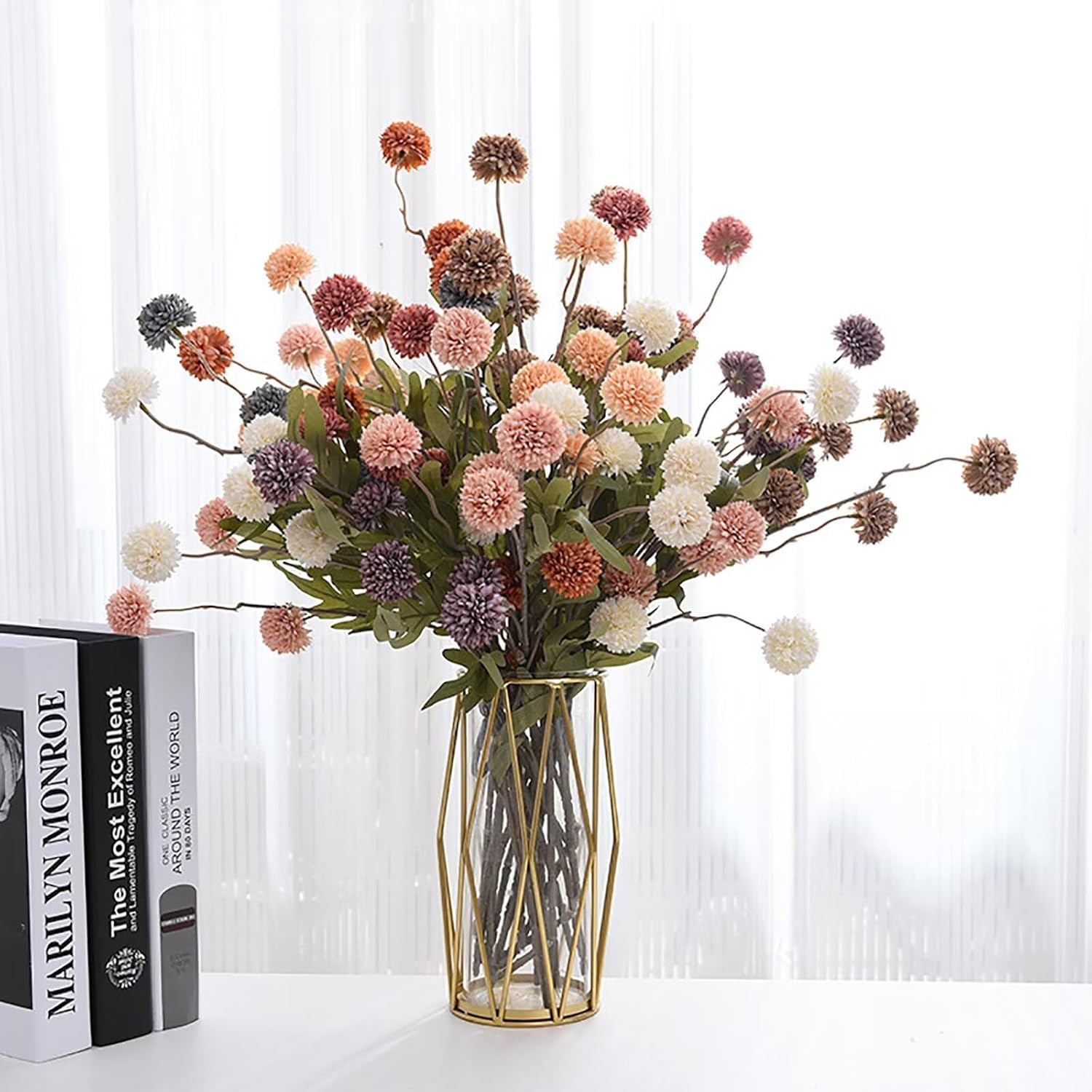 9 Pcs Pompom Mum Artificial Flower, Faux Silk Chrysanthemum Ball with Stems Colorful Fake Mini Chrysanth Flower DIY Bouquet for Floral Arrangement Home Party Wedding Decoration - Image 4