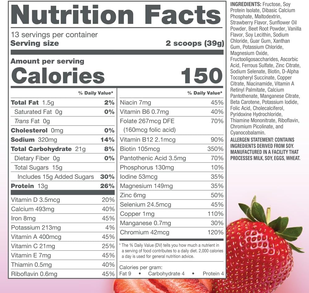 Naturade Total Soy Protein Powder - 13g Protein & 150 Calories per Servings- Non-GMO Soy - 0g Trans Fat - Lactose & Gluten Free - Strawberry Creme (13 Servings)