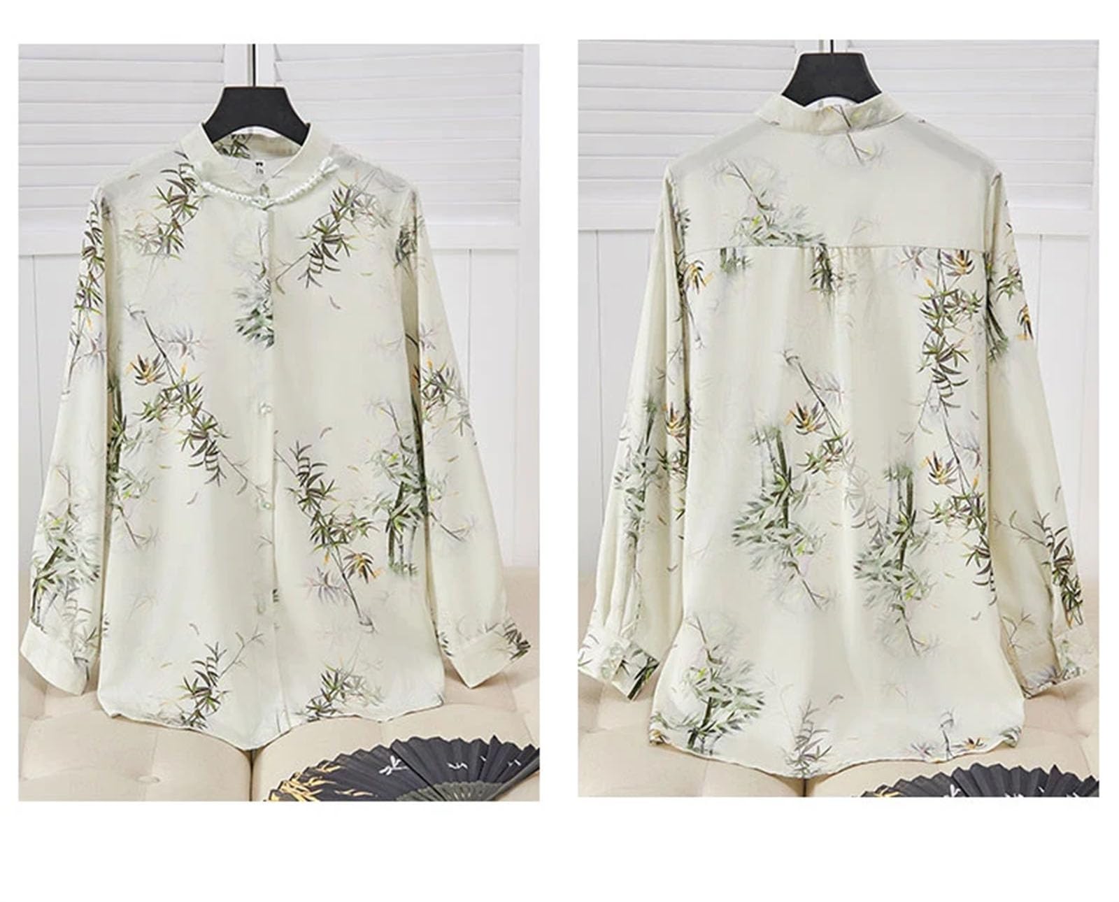 Blusas de estilo chino vintage para mujer, con cuello redondo, estampado floral de seda
