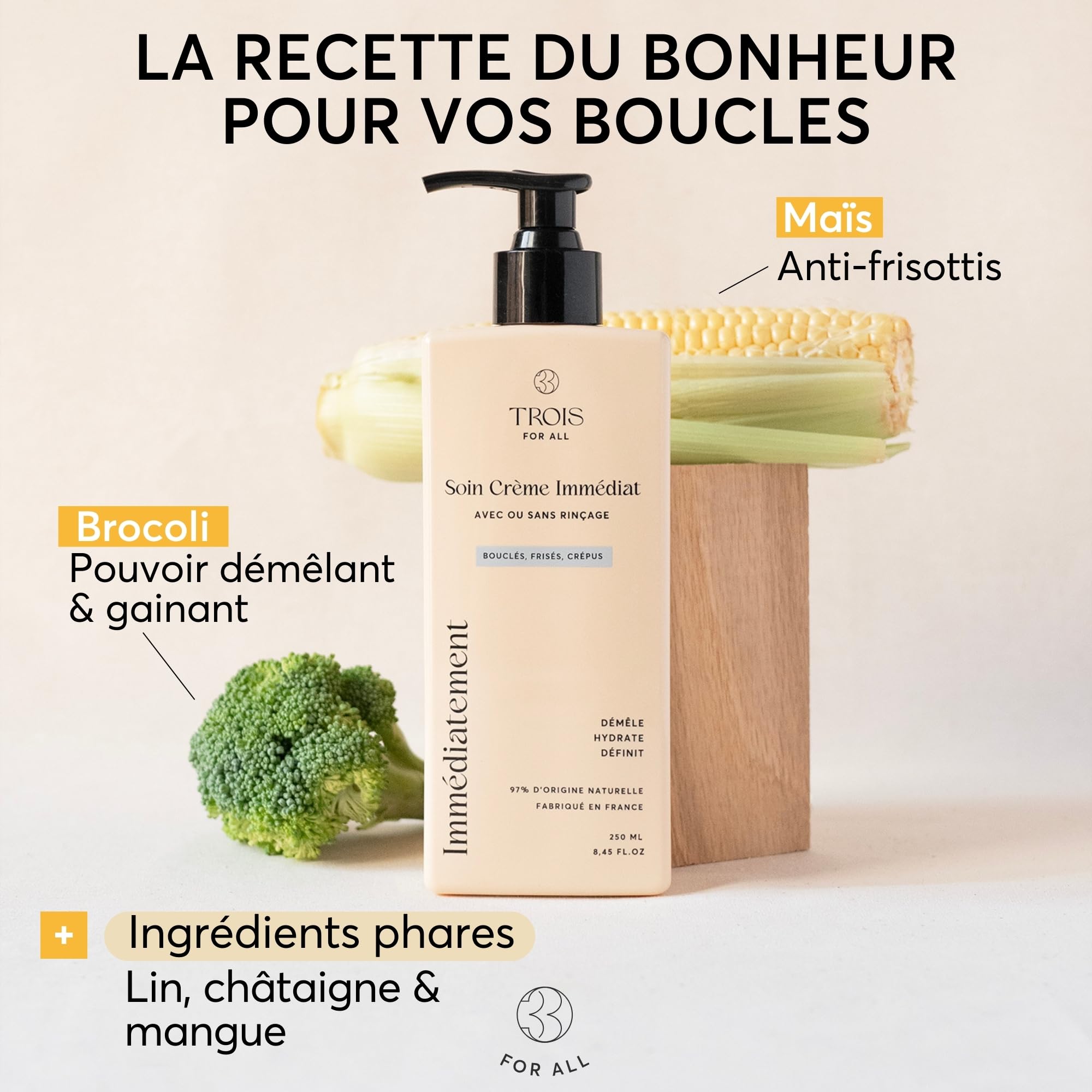 Trois For All Crème Cheveux Bouclés, Soin Crème Immédiat avec ou sans Rinçage, Curly Hair Produit Tout en 1 : Définition des Boucles, Démêlant Cheveux, Après Shampoing, Boost Curl, 250ml
