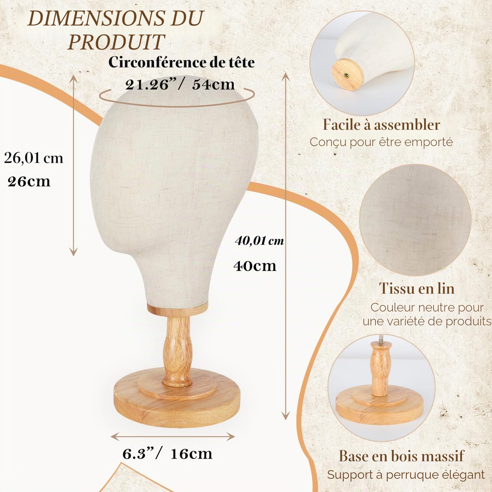 Tête de perruque stable 54 cm, support de mannequin pour chapeaux, porte-perruque
