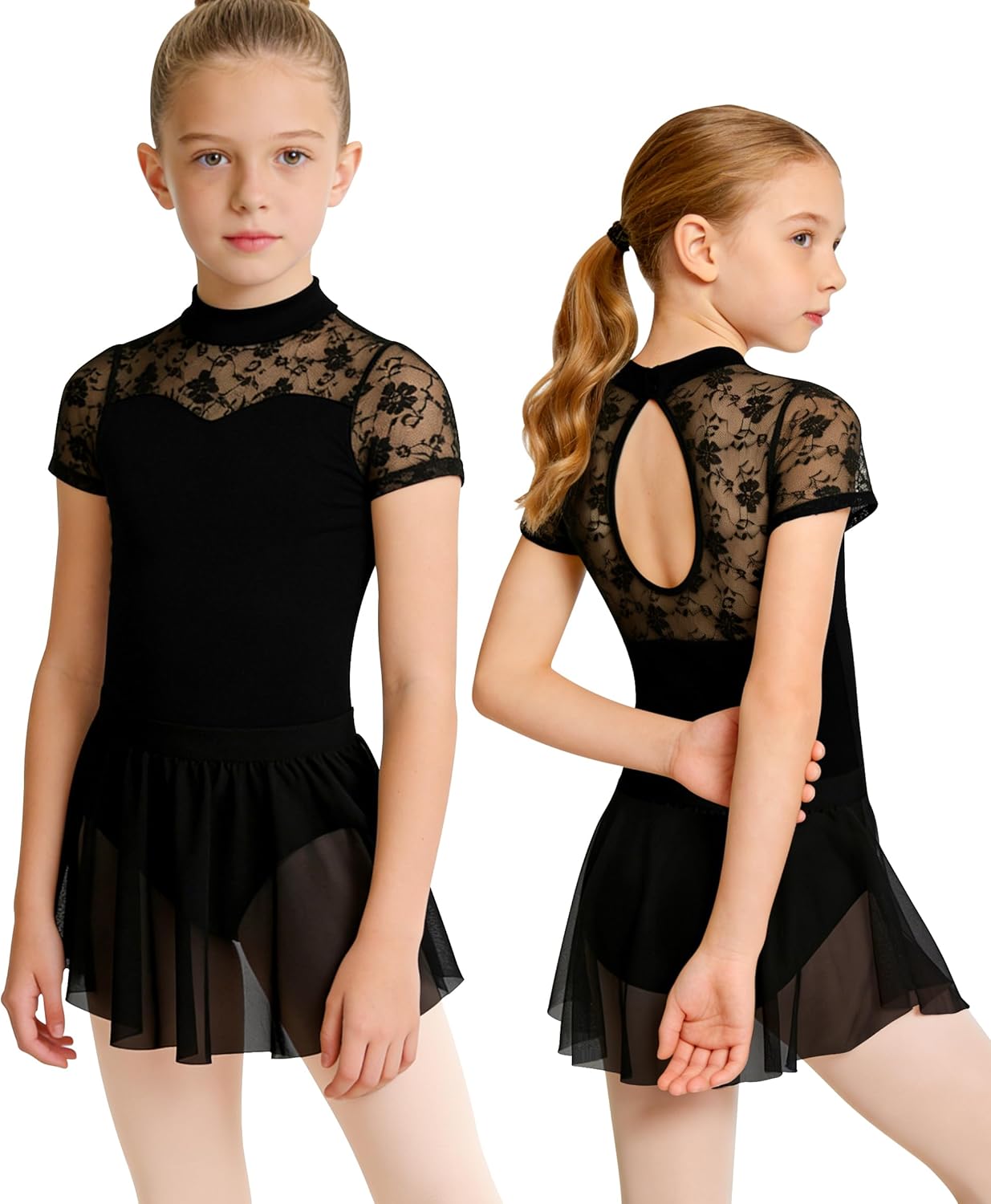 Black Leotard for Girls Lace Short Sleeve Dance Outfit with Skirt,Ballet Tights,Gymnastic Hair Scrunchies - Image 2