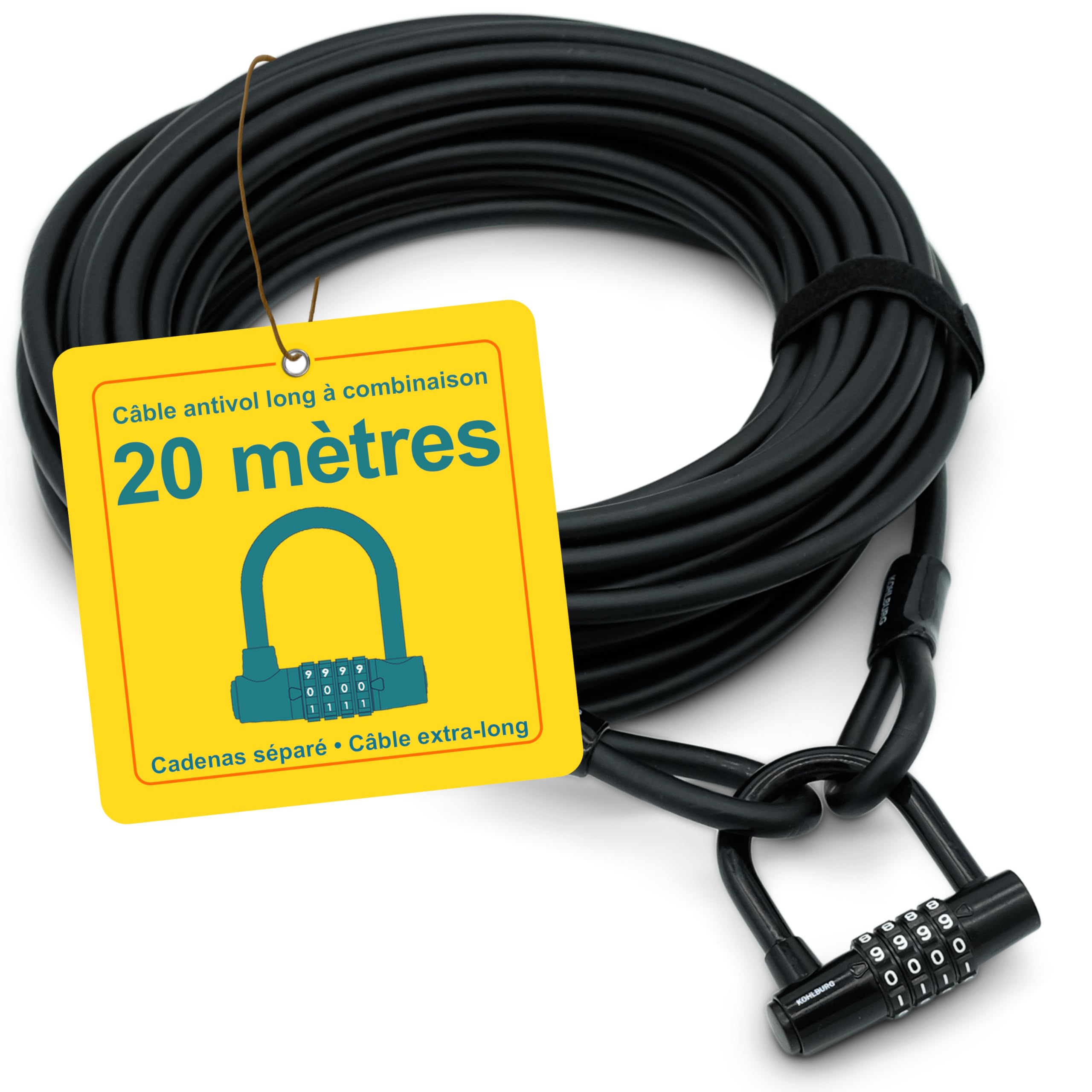 KOHLBURG cable antivol [20m de long, en acier] avec combinaison à chiffres – Serrure à code 2000 cm gaine cable de sécurité – Cadenas câble pour plusieurs vélos, bateaux, meubles de jardin, remorque