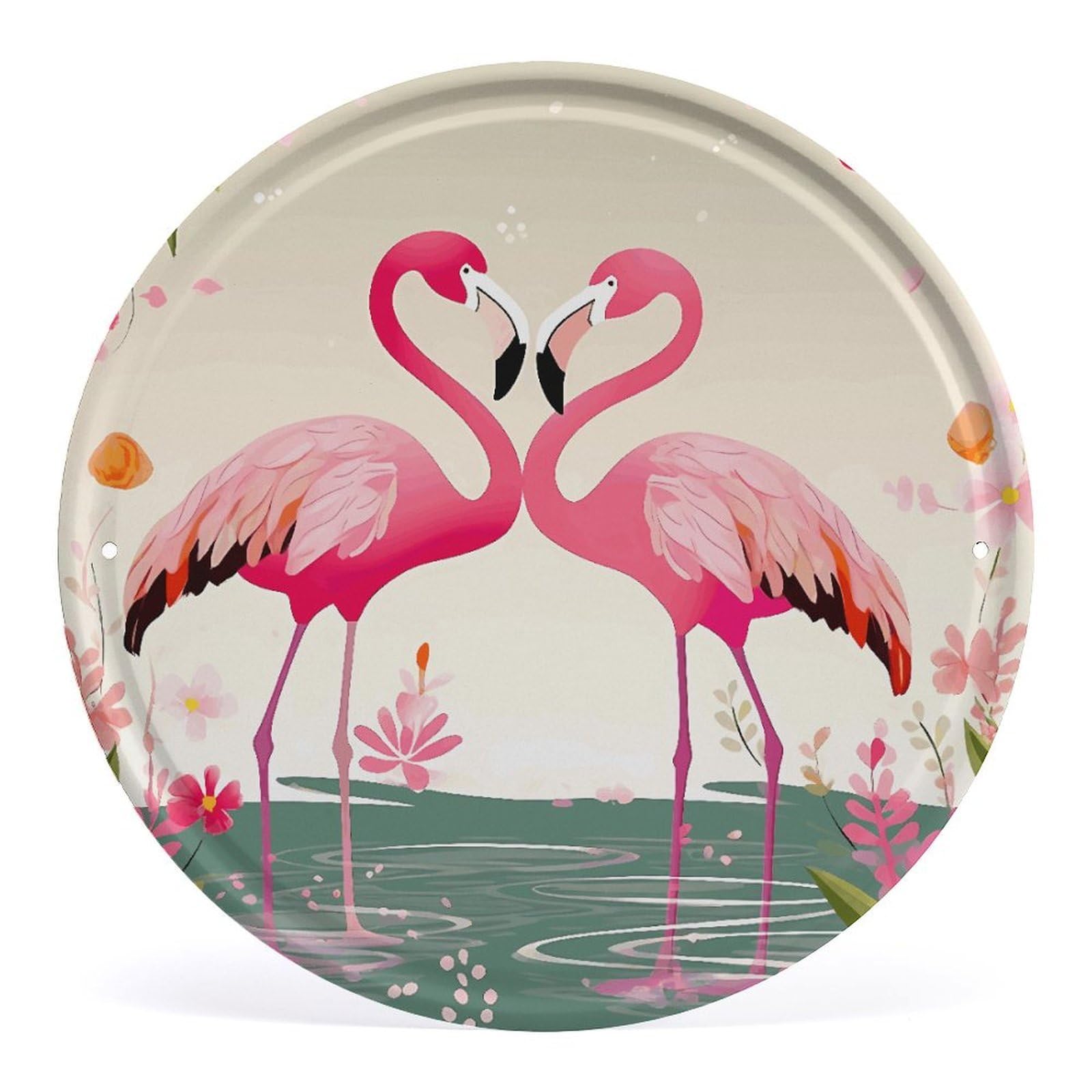 Fodpand Style Flamingos And Flowers Round Wall Art Hanging Decorations, Wall Decor Modern Minimalist Artwork, Tin Sign Hanging Picture For Living Room, Bedroom, Office, Hallway, 11.8X11.8 Inch