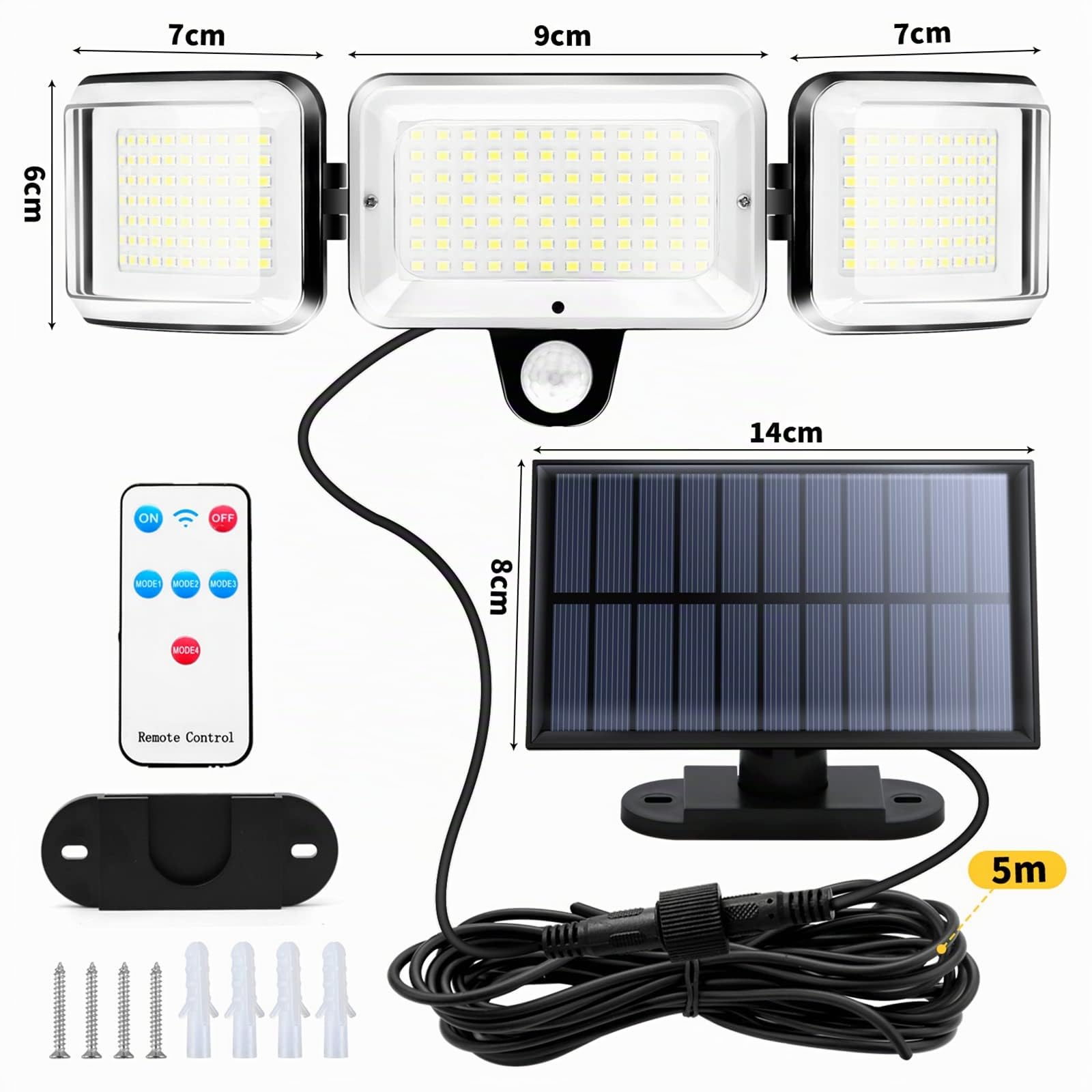 2 Pezzi Luce Solare Led Esterno, Lampada Faretto Solare Esterno | con Sensore di Movimento, 224 LEDs, 1600 Lumen, 4 modalità, 5m Cavo, con Telecomando, per Giardino/Posto Auto Coperto