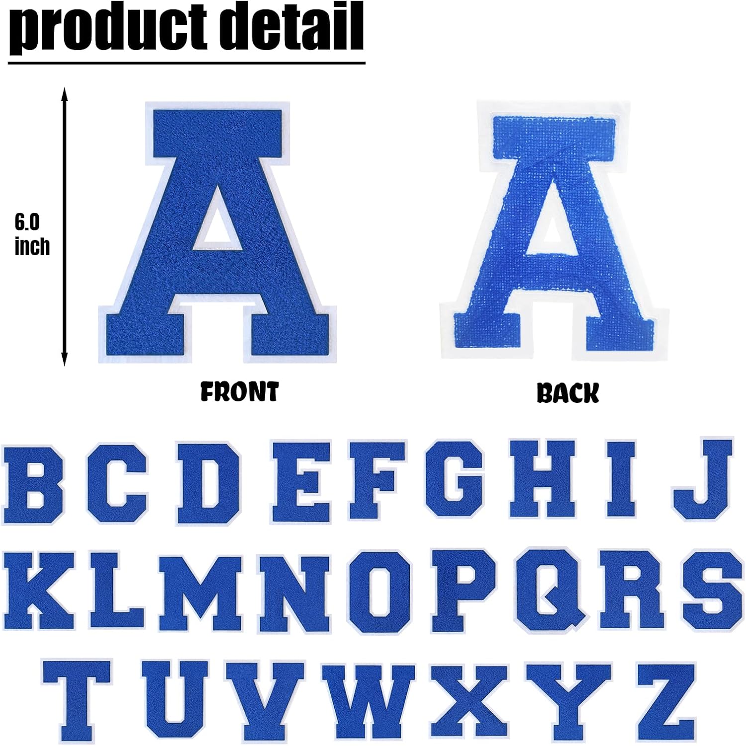 1 PCS 6.0" Blue Iron On Chenille Letter Patch with White Edge – Alphabet Patches for Clothing, Jackets, Backpacks, Hats for Personalized Decor, Custom Name, and Crafts. (J) image 2