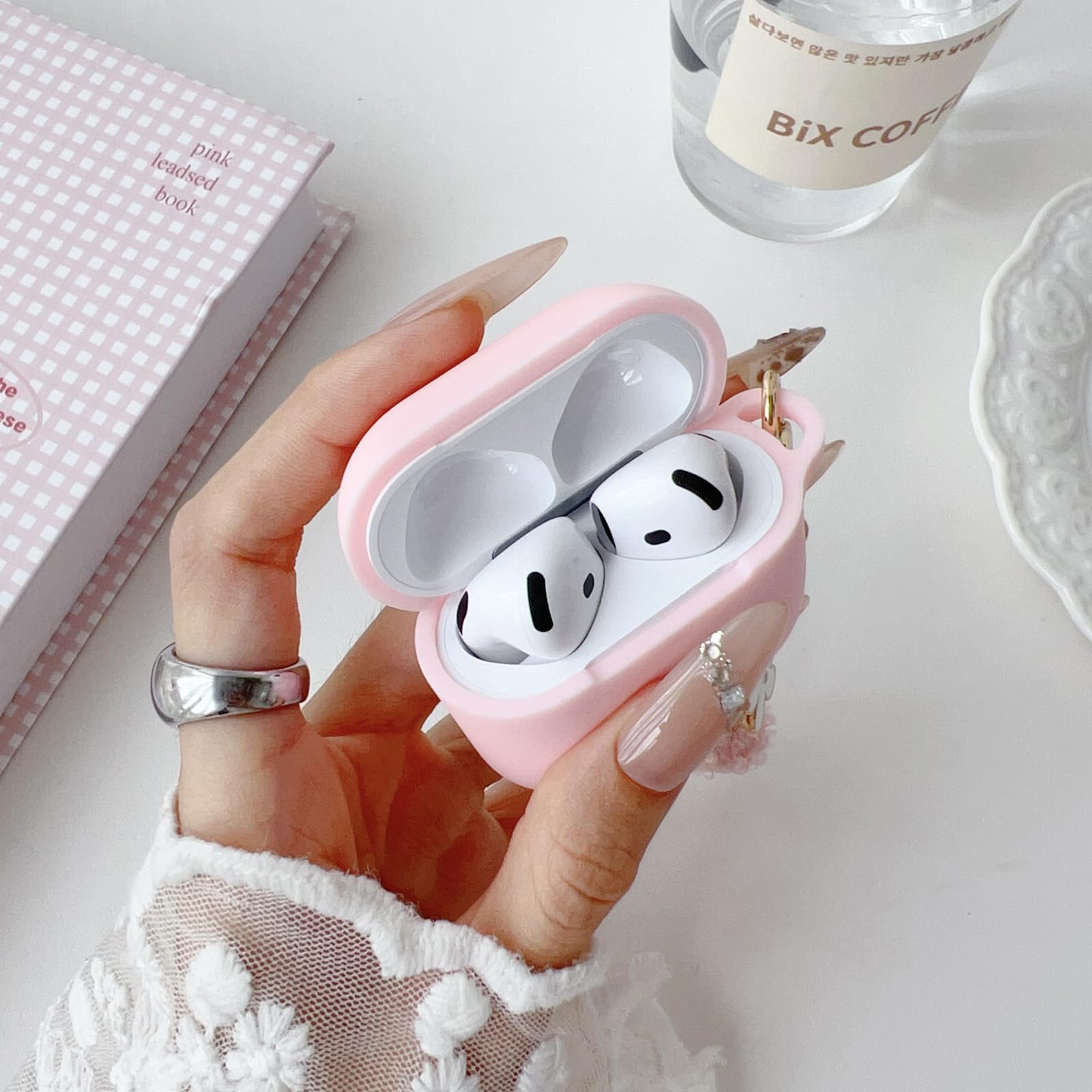 Cute Pink Case for Airpods 4 Cover for Girl Women with Pom pom Flower Charms Keychain & Cleaner Kit, Soft Silicone Airpods iPod 4th Gen Protective Cover Skin for Airpod 4 2024