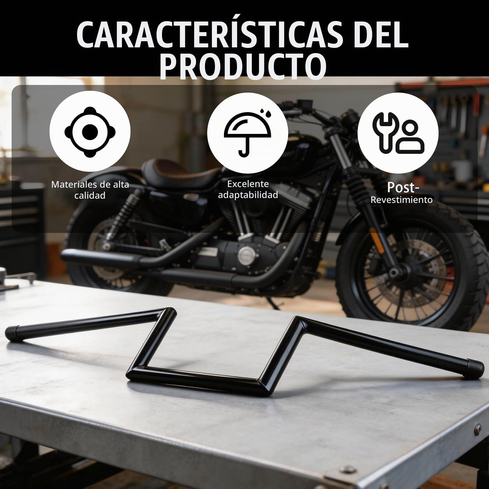 Manillar Moto, Z Bar 22 mm 7/8 Pulgadas Elevado 8" Acero Resistente Con Rebaje Central Guidon de Moto Para Harley Yamaha Suzuki Kawasaki MT07 MT09 Touring Street Bike ATV