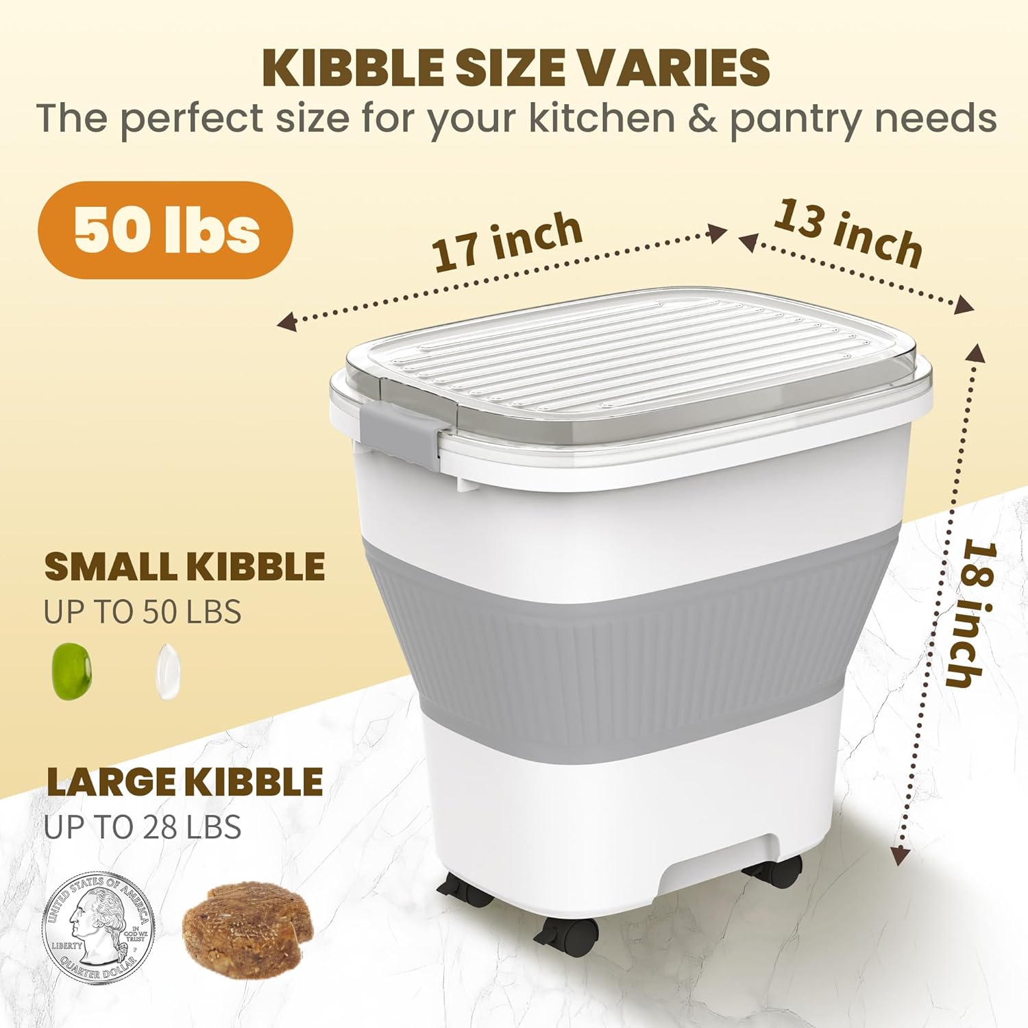 25-50Lbs Rice Container,Collapsible Food Storage Containers with Airtight Clear Lid,Wheels,Rice Storage Container with Small Bin and Scoop,Rice Dispenser for Flour Sugar Cereal Grain Dog Cat