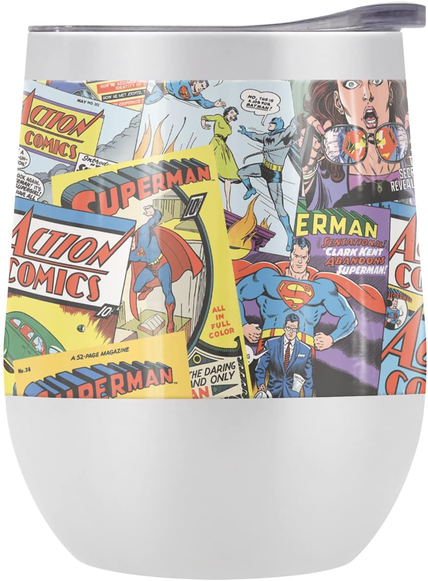 Superman OFFICIAL Comic Covers 12 OZ Stemless Wine Tumbler, Stainless Steel Travel Cup|Lake Tumbler|Insulated with Leak Resistant Slide-Lock Lid, White