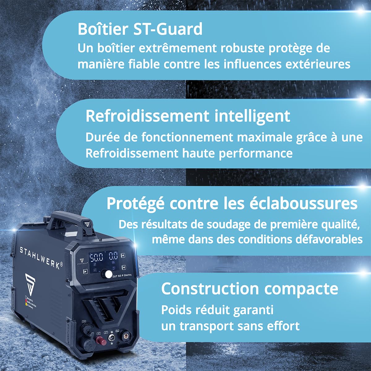 STAHLWERK Découpeur plasma CUT 50 P Digital – Poste de découpe plasma 50 A, capacité de coupe jusqu'à 20 mm, amorçage pilote HF, interface THC pour contrôle de hauteur CNC, Inverter Plasma Cutter