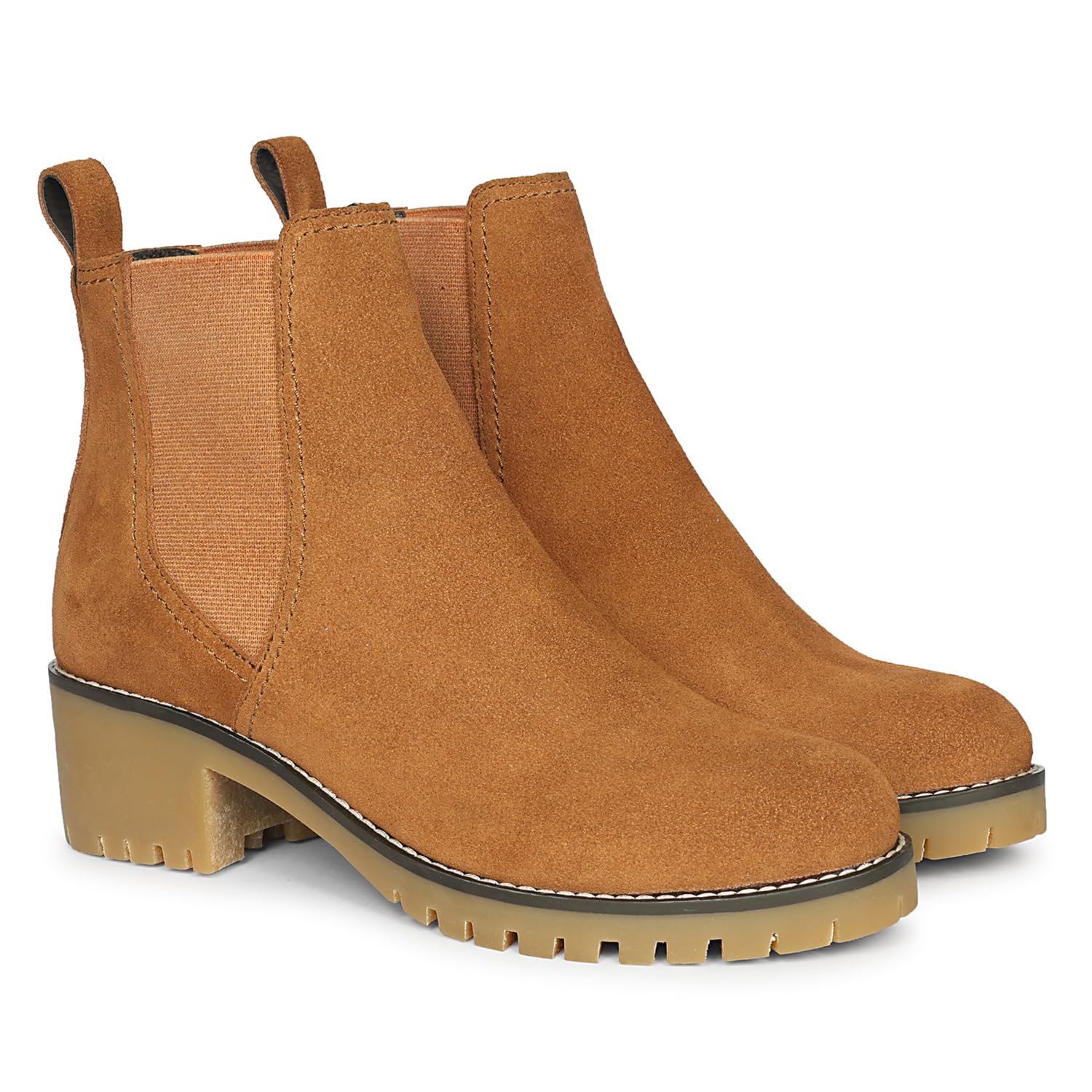 Women's Suede Chelsea Ankle Boot, Tan and Dark Brown, Elastic Side Panel, Lug Sole-image-37