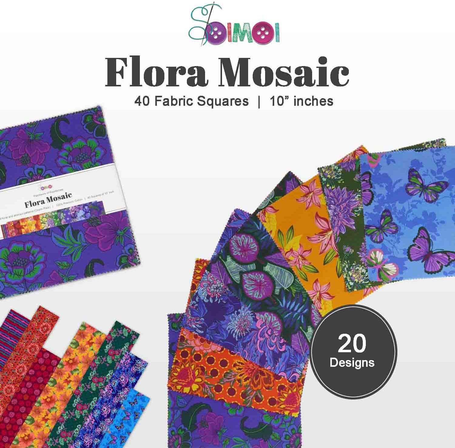 Soimoi 40 Pcs Cotton Fabric Squares Bundles Charm Packs for Quilting, Fat Quarter Layer Cakes, Precuts Quilt Squares 10 x 10 inches, DIY Fabric Bundle - Flora Mosaic