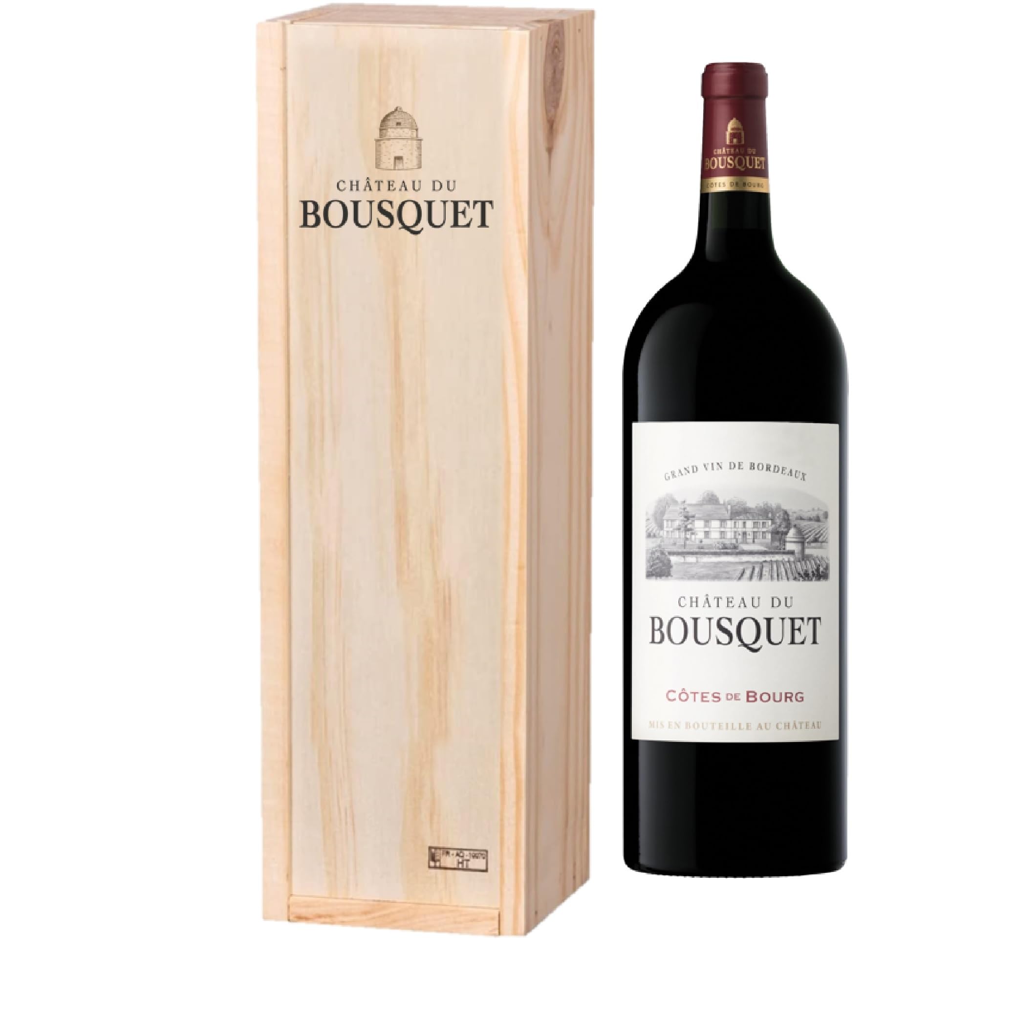 Geschenkbox Holzkiste Château du Bousquet AOP Côtes de Bourg – Großer Bordeaux Rotwein – 1,5 L – Eleganter , ideale Geschenkidee Liebhaber