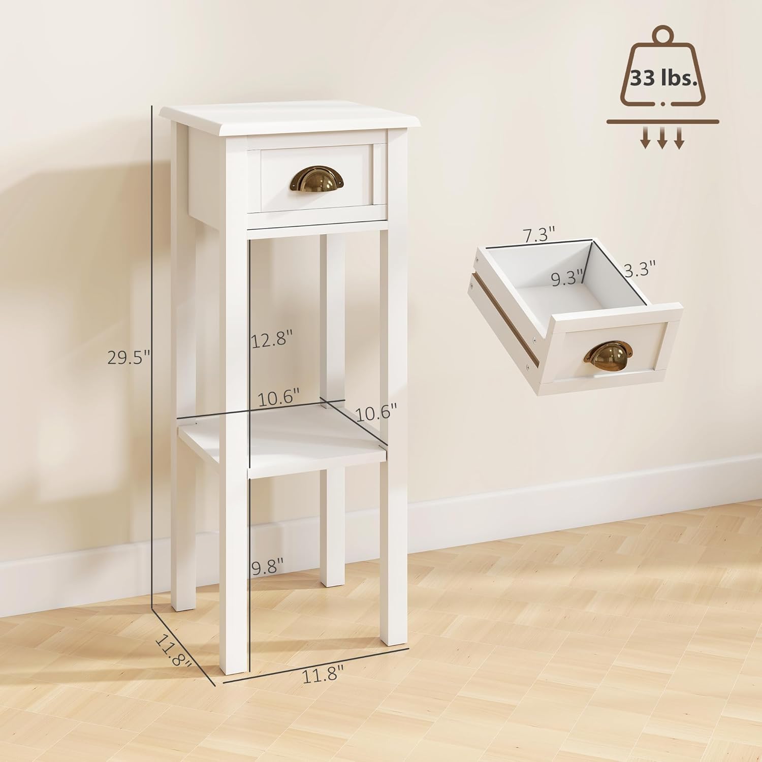 HOMCOM Narrow End Table with Drawer and Bottom Shelf, Slim Side Table for Small Spaces, Skinny Modern Space-Saving Accent Desk for Living Room, Set of 2, White