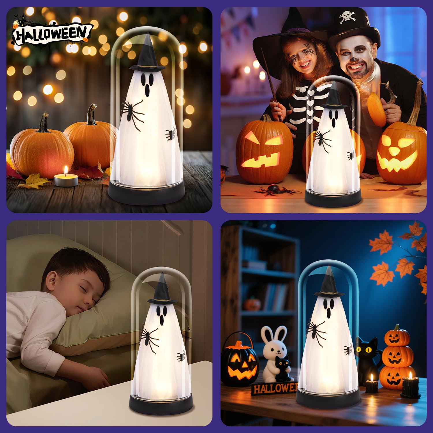 Dekoracja halloweenowa - dekoracje na Halloween do wnętrz - rozświetlający duch w szklanym kloszu - uroczy duch ze światłem do domu kuchni kominek dekoracja stołu na imprezę