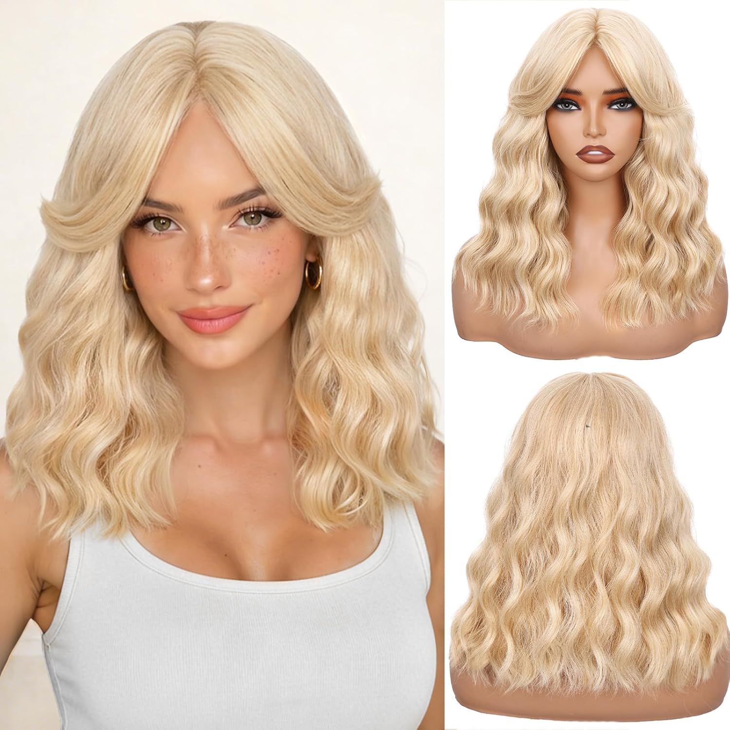 FAVE 14 Inches Wavy Bob Wig Blonde Wig with Bangs Synthetic Heat Resistant Bob Wigs for Women Hair Replacement Wigs Daily Party Use