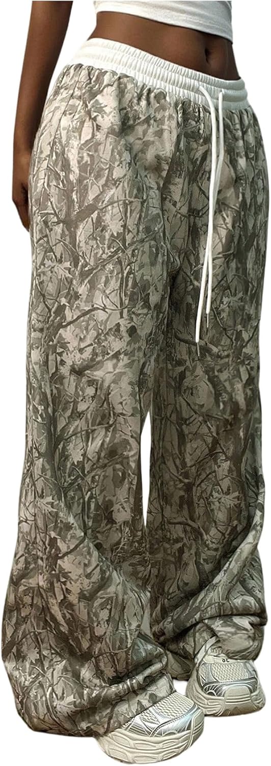 GORGLITTER Women's Double Waisted Camo Wide Leg Sweatpants Camouflage Baggy Trouser Workout Streetwear Track Pants
