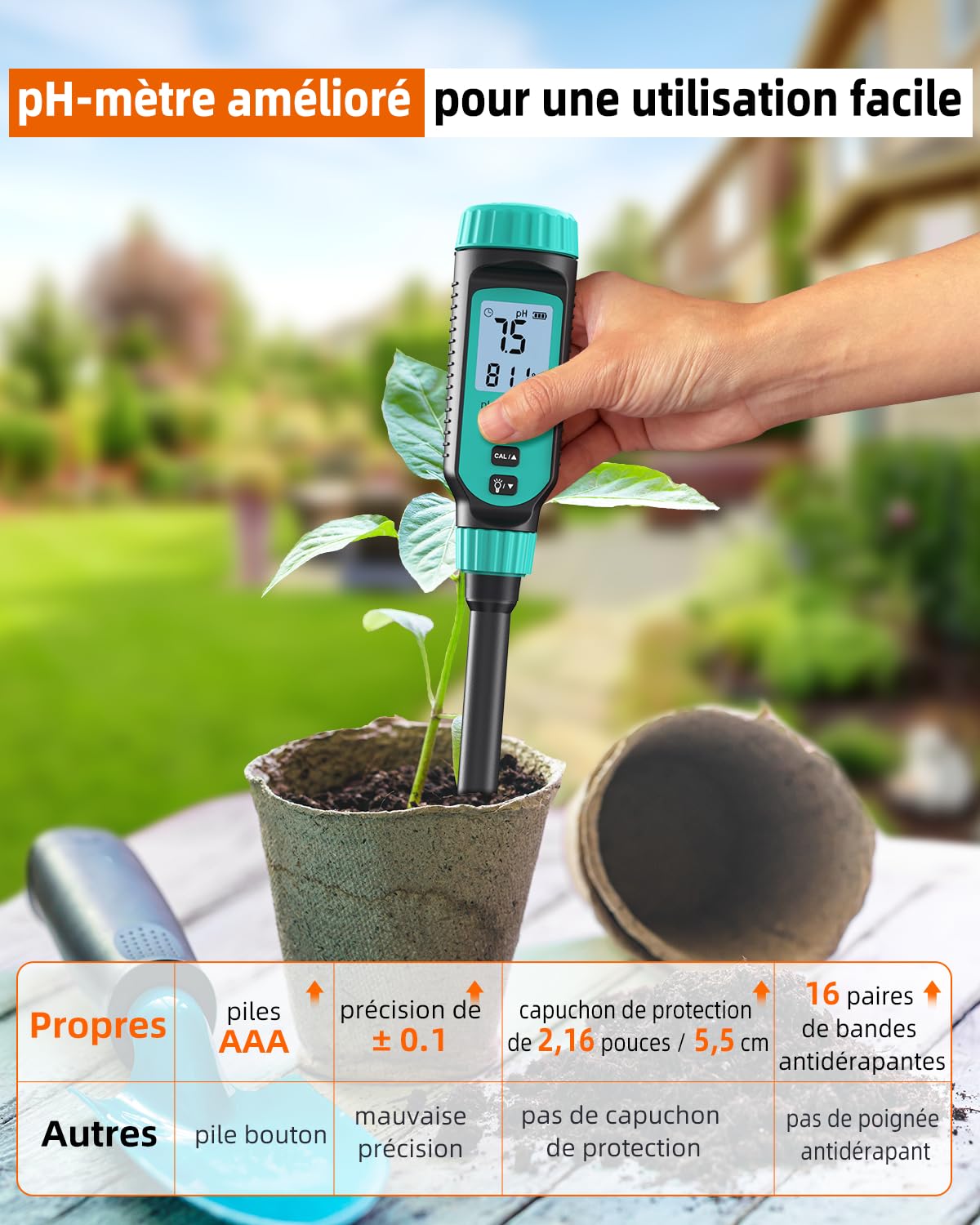 Tadeto pH Mètre pour Sol, kit de test de pH Nnumérique pour le sSol, le Jardin, l'eau, les Solutions et les Aaliments avec Couvercle de Protection en Alliage et Affichage LCD