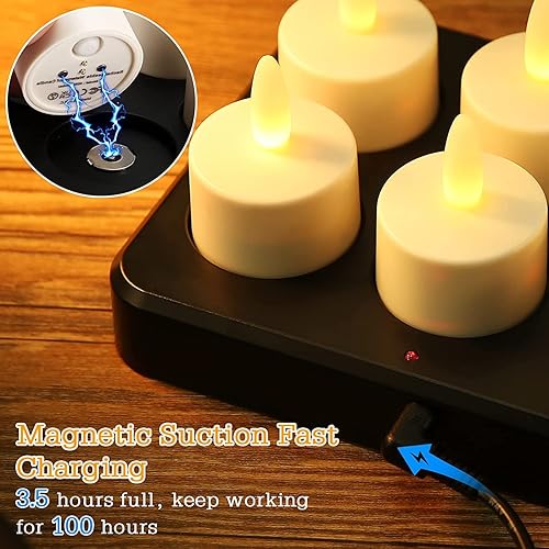 Vista 3 de Velas de té recargables con temporizador remoto, velas parpadeantes sin llama de 100 horas con base de carga impermeables para votivo, centro