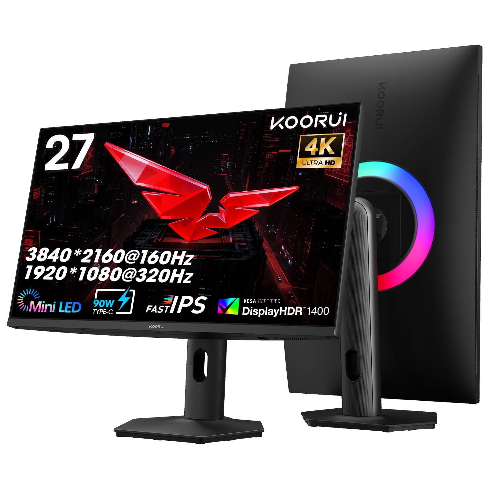 KOORUI 27" 4K QD-Mini LED Gaming Monitor - Dual-Mode (UHD 160Hz or FHD 320Hz), 1ms, 99% Adobe RGB, HDR1400, 90W USB-C, HDMI 2.1/DP1.4, VESA, Tilt Height Swivel Vertical Adjustment, Black, S2741LM