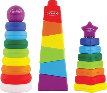 Infantino Tower Stackers Playset, Multicolor Rainbow-Themed Stacking Towers for Babies 12M+, 3-Style Set, Rings, Squares & Stars, 23 Pieces