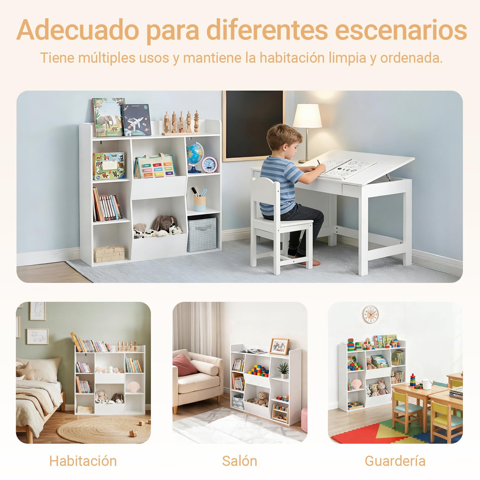 SoBuy Librería Infantil Estantería Montessori con 6 Estantes y 2 Compartimientos Organizador Juguetes Almacenaje para Libros Muebles habitación Blanco 106x30x104 cm KMB55-W