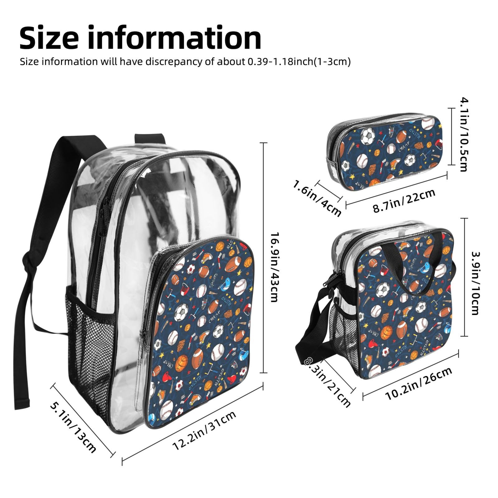 Juego de 3 bolsas transparentes con estampado de juego de béisbol deportivo para niños, bolsa transparente con bolsa de almuerzo aislada incluida