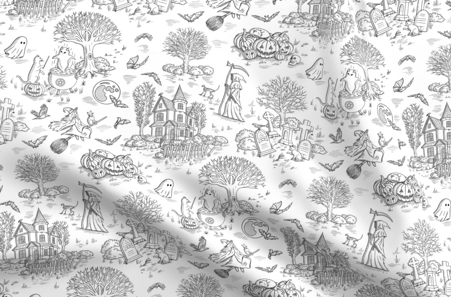 Spoonflower Fabric - Ghosts Haunted House Jack O Lantern Pumpkins Graveyard Halloween Toile Printed on Petal Cotton Fabric Fat Quarter - Sewing Quilting Apparel Crafts Decor