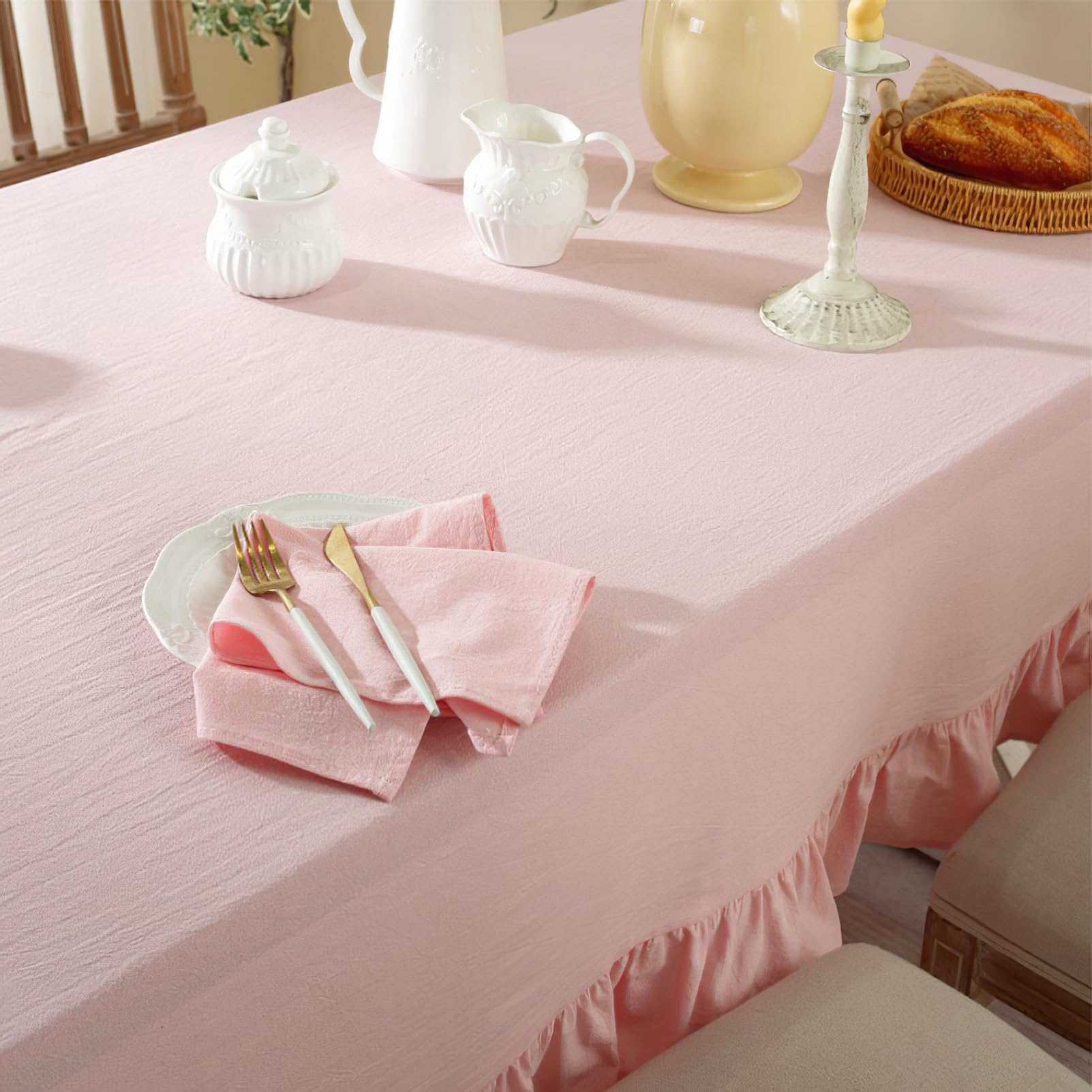 Nappe carrée à volants rose de style rustique pour table de cuisine chic pour fête, mariage, 140 x 140 cm