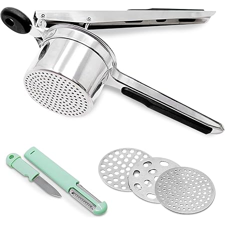 Cook Army Potato Ricer Stainless Steel Professional – 15 Oz Ricer Kitchen Tool With 3 Interchangeable Discs & Non Slip Handle – Mashed Potatoes Ricer & 3 in 1 Veggie Potato Peeler Knife Gadget
