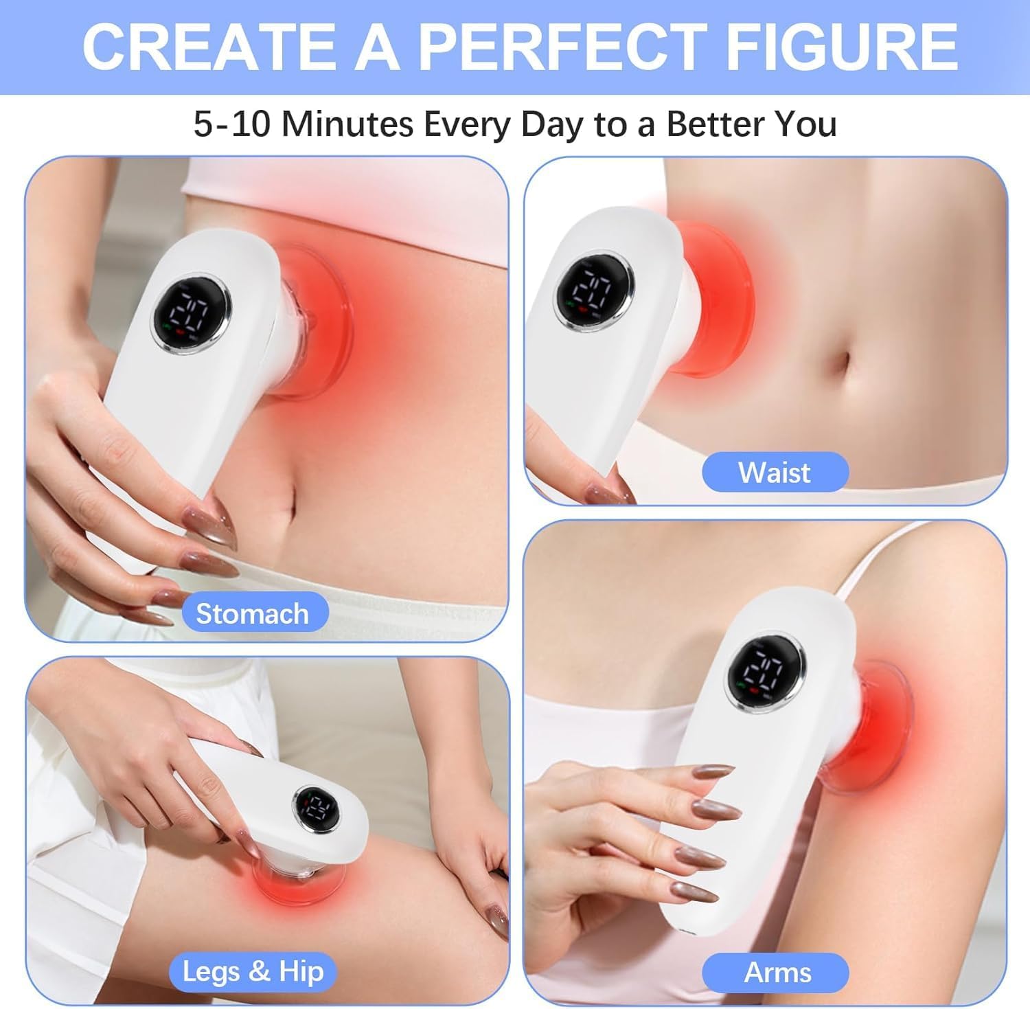 4 in 1 Cellulite Massager with Vacuum LIPO, MSG, Heat & Red Light, Cupping Massager Set, Body Sculpting Tool for Face, Legs, Arms, Abdomen, Firming & Sculpting Skin