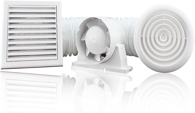 100 mm - 4 inch Diameter Complete Bathroom Fan Kit with Run on Timer Quiet Loft Shower Inline Low Noise Supply Extract Air CE IPX4 Rated Damp Moist Condensation Control Toilet En-Suite