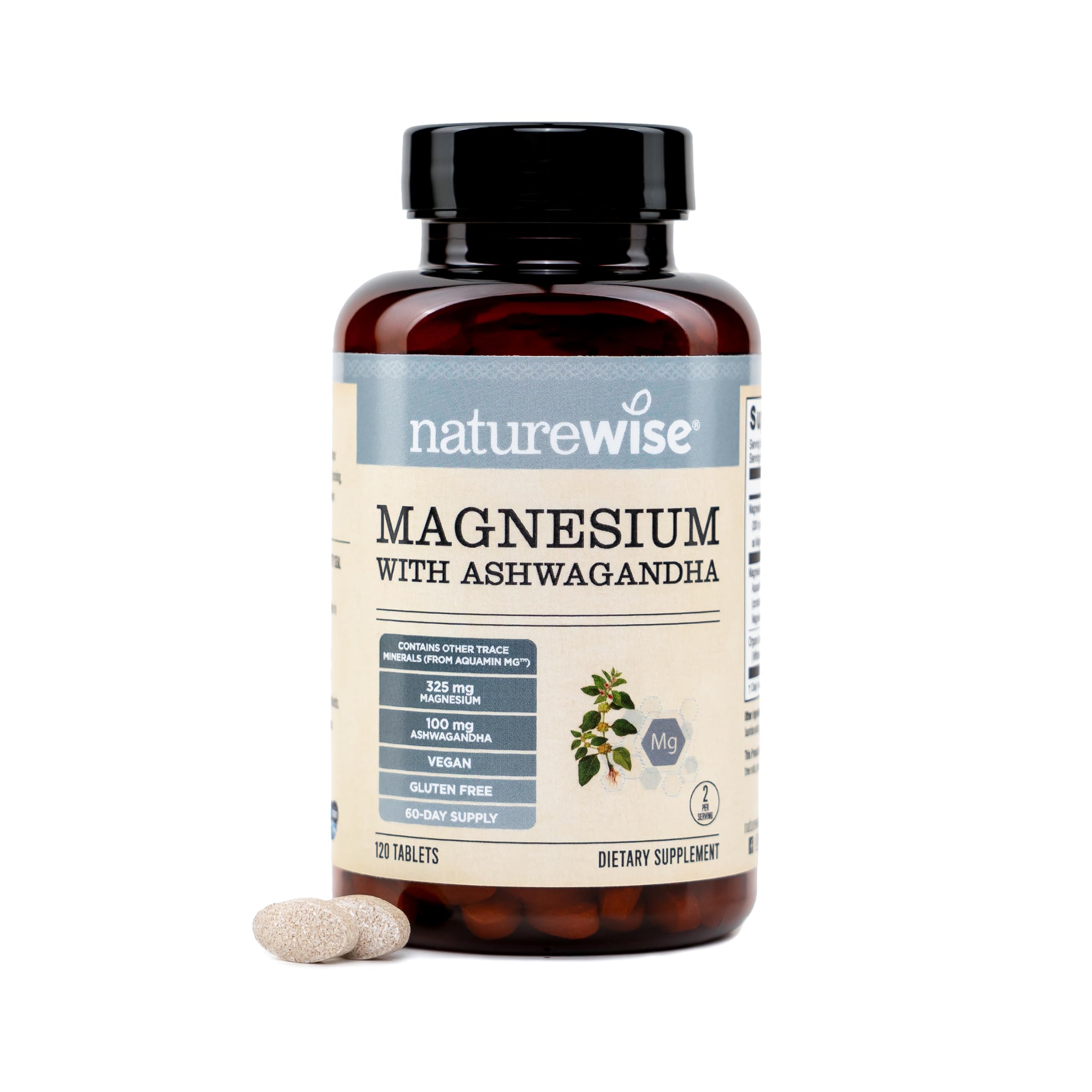 NatureWise Magnesium with Ashwagandha - Made with Aquamin - 120 Tablets
