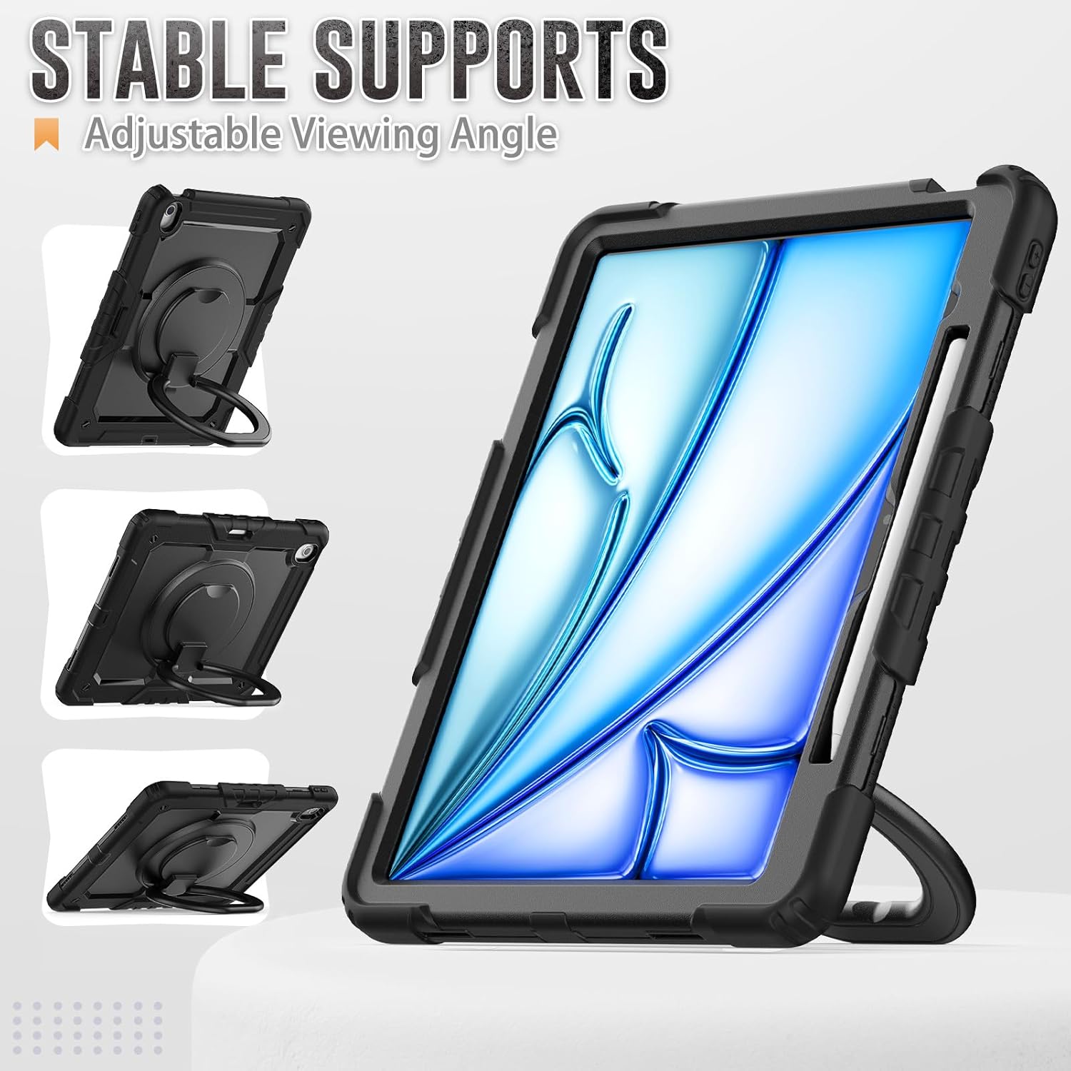 for iPad Air 13 Inch Case M4 2026 / M3 2025 / M2 2024, Heavy Duty Shockproof Protective iPad Air 13 Case with Rotating Handle & Stand- Shoulder Strap- Screen Protector- Pencil Holder, Black
