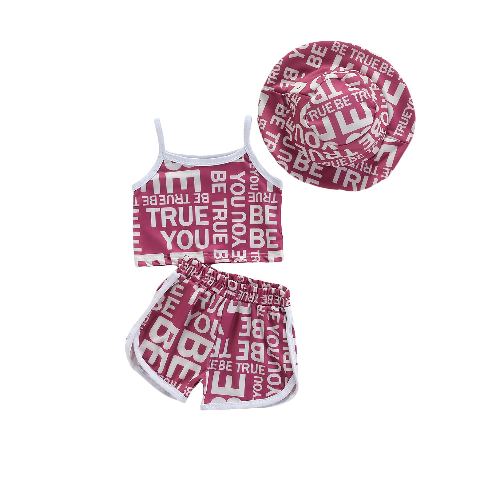 FYBITBO 3Pcs Toddler Girls Clothes Summer Outfits Baby Shorts Set Daisy Letter Vest Top Casual Shorts with Sun Hat (4-5T,Purple)