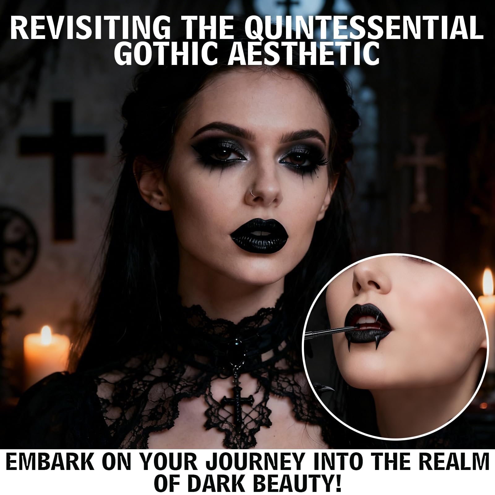 Set de Maquillaje Gótico, Negro Líquido Pintalabios con Delineador y Brillo, Paleta de Sombras de Ojos Ahumadas 9 Colores, Impermeable y de Larga Duración, para Carnaval Halloween