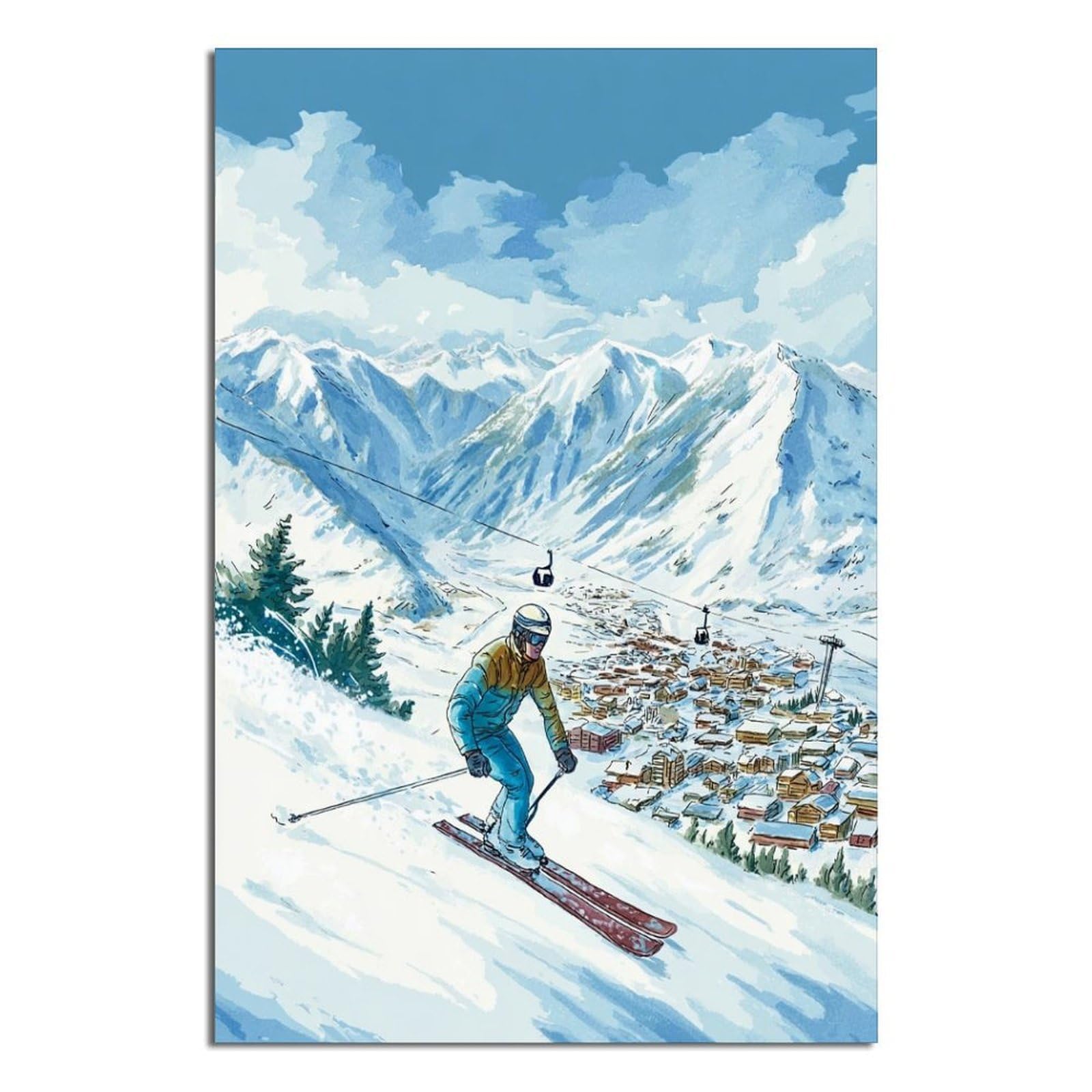 iPuzou Andermatt Switzerland Ski Posters 20x30inch(50x75cm) Vintage Watercolor Canvas Art