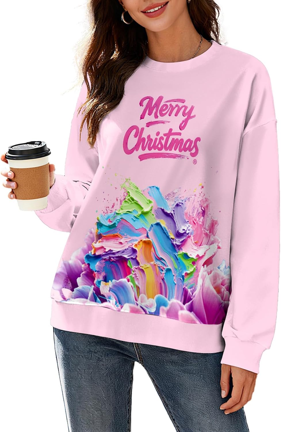 Ugly Christmas Sweatshirts for Women Long Sleeve Funny Xmas Print Graphic Pullover Tops Oversized Crewneck Shirt