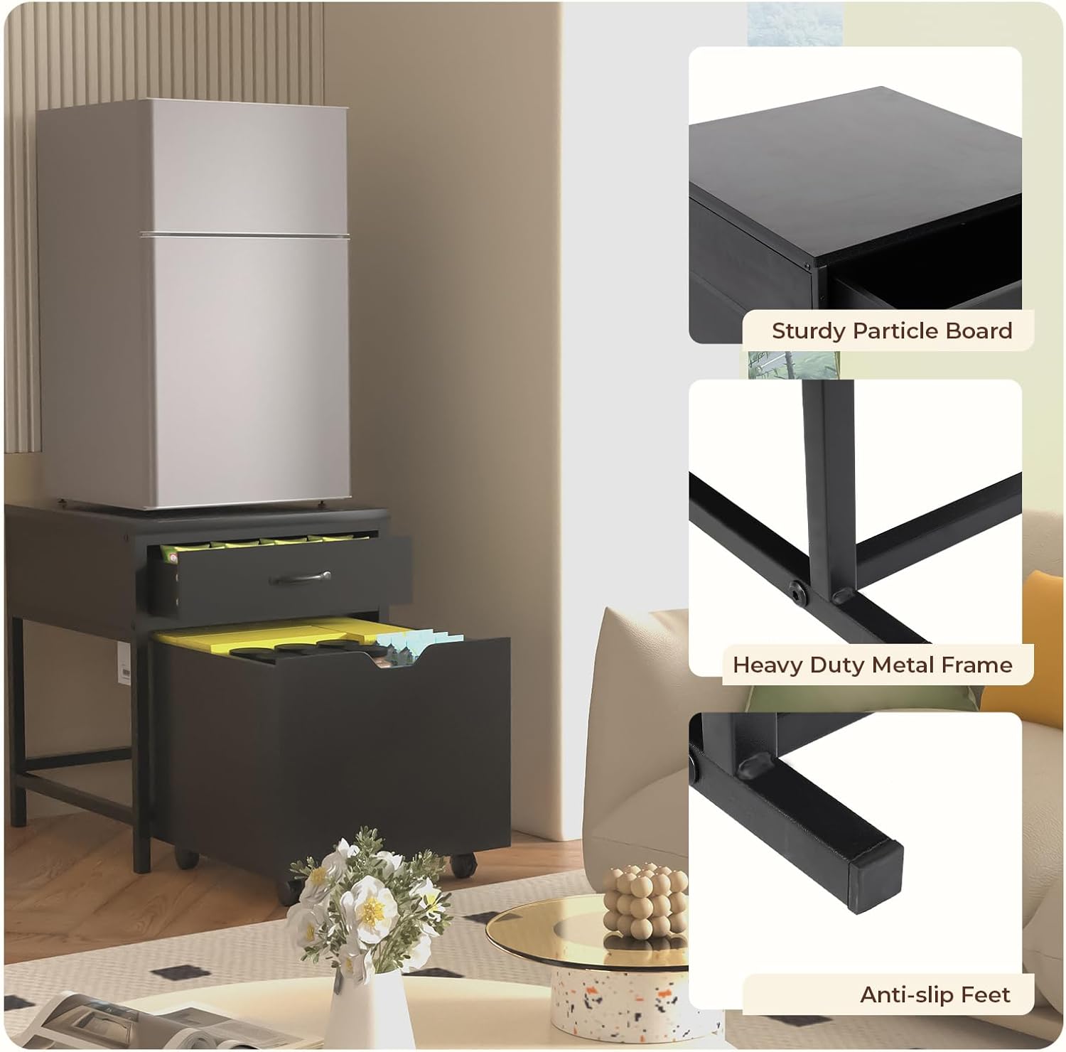 GCCSJ Mini Fridge Stand with Movable Storage Drawer, Heavy Duty Mobile Mini Refrigerator Stand, Mini Fridge Cabinet for Dorm, Home, Office, 22.8" L x 21.7" W